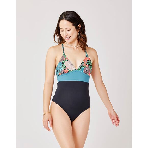Carve Designs Dahlia Recycled Floral Colorblock Blue Black One Piece Swimsuit M - Picture 1 of 12